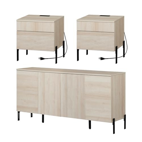 3 Pieces Bedroom Set, Fluted Storage Cabinet and Set of 2 Night Stands with Charging Station for Bedroom, Wood Dresser and Nightstand Set of 2, Wide Storage Organizer Cabinet for Bedroom, Beige