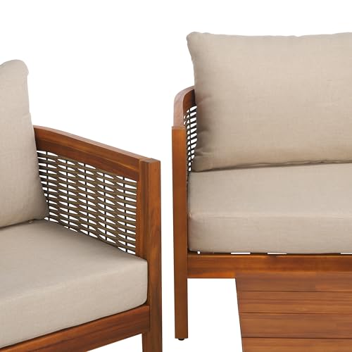 SAFAVIEH Outdoor Patio Furniture - Amanda 4-Piece Set - Sand & Taupe - Acacia Wood - Coastal, Conversation Set with Detachable Cushion Covers - Ideal for Patio, Deck, Porch, Backyard (PAT9512A-KIT2)