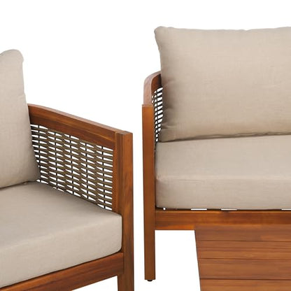 SAFAVIEH Outdoor Patio Furniture - Amanda 4-Piece Set - Sand & Taupe - Acacia Wood - Coastal, Conversation Set with Detachable Cushion Covers - Ideal for Patio, Deck, Porch, Backyard (PAT9512A-KIT2)