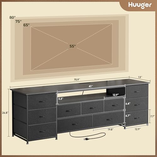 70 Inch TV Stand for 75, 80 Inch TV, 11 Drawer Long Dresser with Power Outlets and LED Lights, Entertainment Center with Storage, Black Dresser with PU Leather Surface