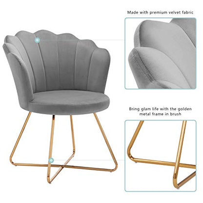 Shell Shaped Velvet Accent Chair, Bedroom Golden Metal Leg Grey