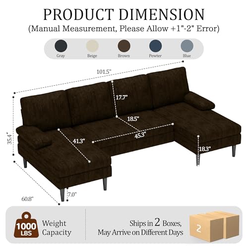 U-Shaped Sectional Couches for Living Room, 101 Inch Modern Modular Sofa with Double Chaise Lounge, Comfy Chenille Fabric 4-Seat Couch Set for Apartment, Brown
