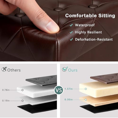 Folding Storage Ottoman Cube PU Leather Footstool with Wood Legs Ottoman Footrest for Living Room and Bedroom Brown, 15x12.6 x 15.4”