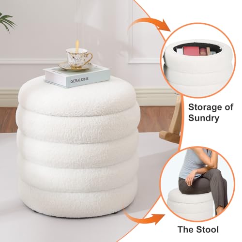 Teddy Sherpa Round Ottoman with Storage, Modern Upholstered Vanity Stool Foot Rest, Small White Boucle Storage Ottoman for Bedroom, Living Room, Entryway, Dorm