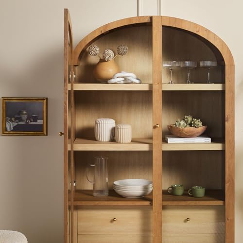 Darci Modern Arched Bookshelf Cabinet with Full-Length Glass Doors and Inner Drawers, 74 Inch, English Oak