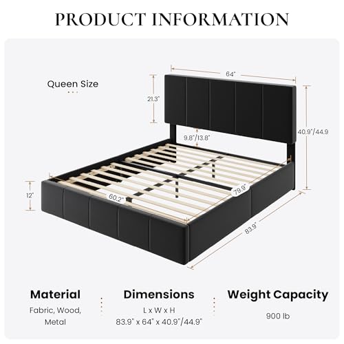 Queen Size Bed Frame, Velvet Upholstered Platform Bed, Black, view 3