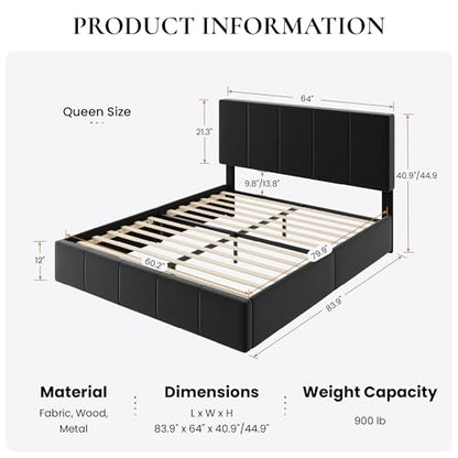 Queen Size Bed Frame, Velvet Upholstered Platform Bed, Black, view 3