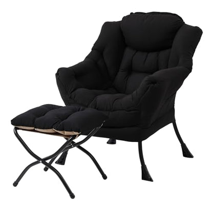 Lazy Chair with Ottoman, Modern Accent Leisure Upholstered Sofa Chair, Contemporary Lounge Reading Chairs with Armrests and a Side Pocket for Living Room, Bedroom & Small Space, Black