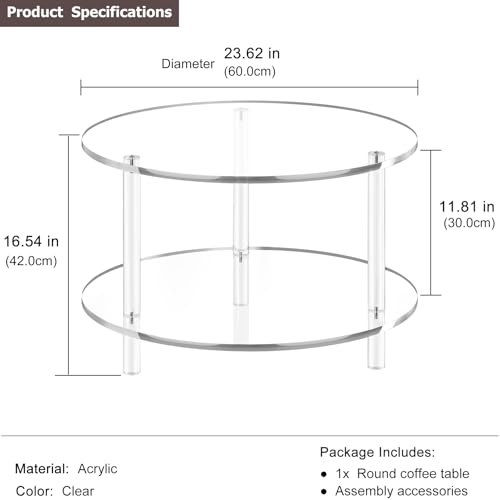 Acrylic Round Coffee Table, 23.6" Wide Modern Tea Table with Storage Shelf, 2-Tier Circle Center Table for Living Room, Office Reception and Apartment (Clear)