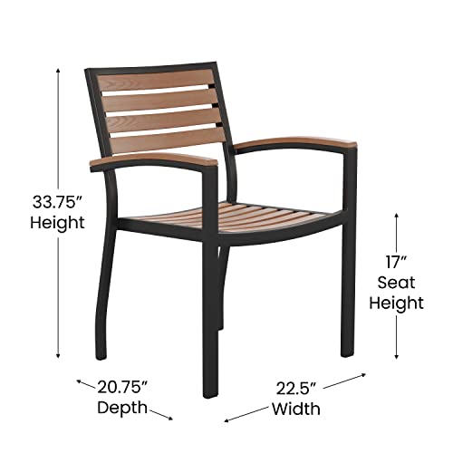 Stackable Aluminum Patio Chair - Set of 2 All-Weather Black Framed Side Chair with Faux Teak Slats - Commerical Grade