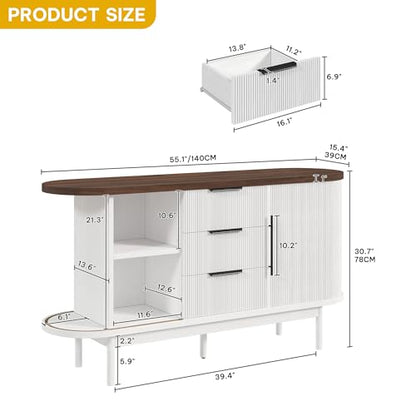 Fluted Sideboard Buffet Cabinet with Storage, White & Brown, view 4
