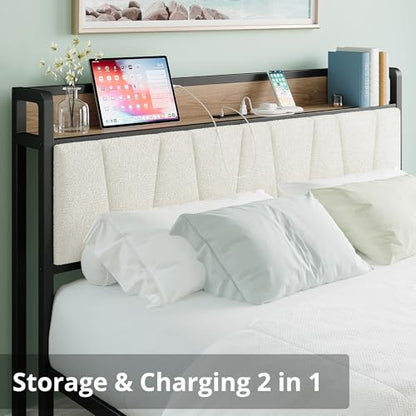 Queen Bed Frames, Storage Headboard with Charging Station, Solid and Stable, view 4