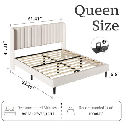 Queen Bed Frame with Vertical Channel Tufted Headboard & Wingback, view 3