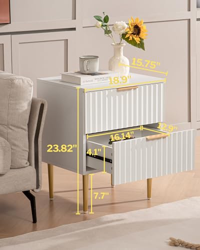 Night Stand Set 2, Fluted Glossy Nightstands Set of 2 with Drawers | Wide Modern White Storage Bedside Table for Bedroom, End Side Table with Golden Metal Legs and Handles, 2 Pieces