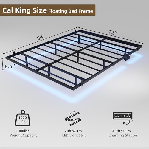 Floating Bed Frame California King Size with Charging Station and LED Lights, view 3