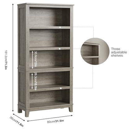 71" Farmhouse Bookcase, 5-Tier Tall Bookshelf with Adjustable Shelves, view 4