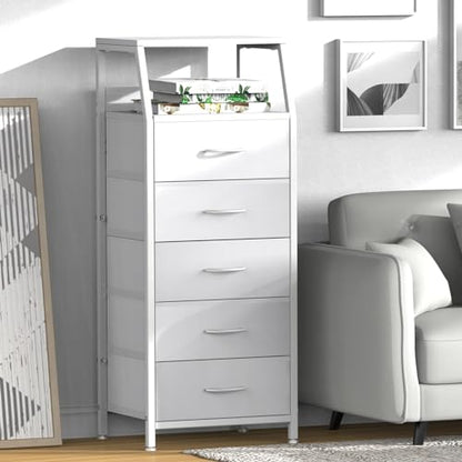 5 Drawers White Tall Fabric Dresser for Bedroom, Dorm Nightstand, view 3