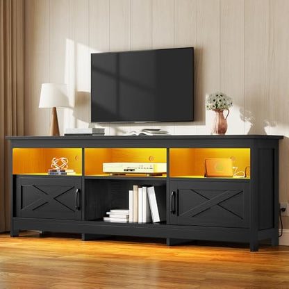 70" Farmhouse TV Stand for 70-80" TVs with LED, Living Room, Black, view 2