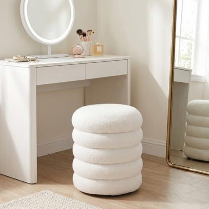 White Round Storage Ottoman Upholstered Sherpa Foot Stool Ottoman Small Boucle Foot Rest Stool for Dorm/Living Room/Entryway/Bedroom