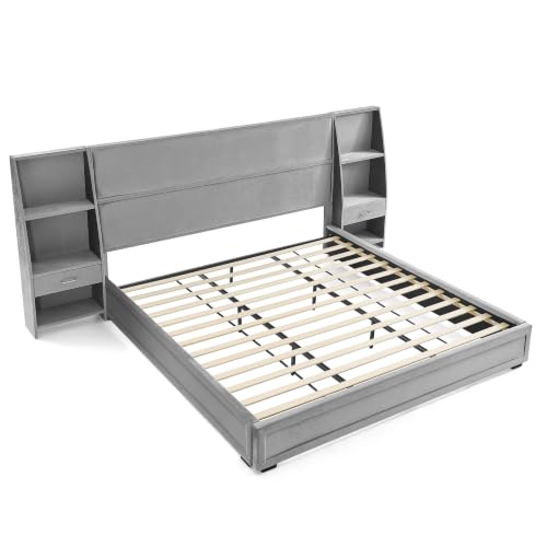 JIVOIT King Storage Platform Bed, Upholstered Headboard, Side Bookcases & Drawer (Gray-King-2)