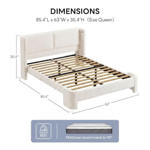 Queen Bed Frame with USB Ports & Wingback Headboard, Cream White, view 3