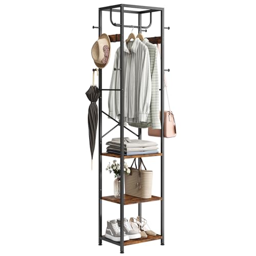 Coat Rack Freestanding, Hall Tree with 3 Shelves and 12 Hooks, Rustic Brown, view 2