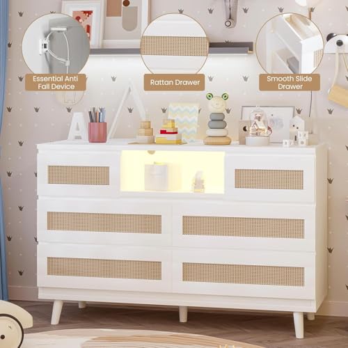 Modern Rattan 6 Drawer Dresser with LED Light & Charging Station – Deep Storage Chest for Bedroom, Closet, Nursery, Living Room, Entryway, TV Stand – White