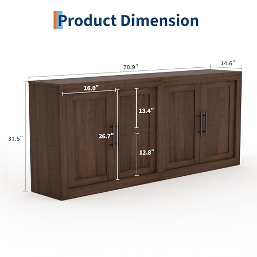 70.8" Sideboard Buffet Cabinet with 4 Wooden Doors, Brownish Red, view 3