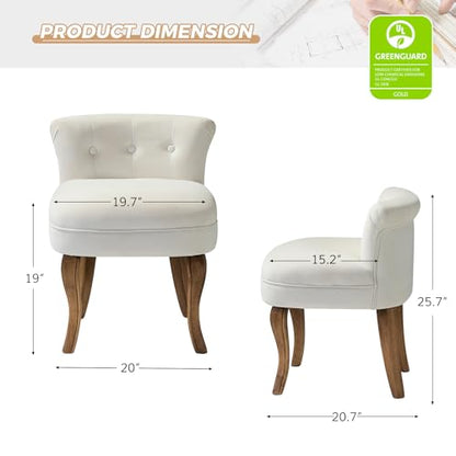 Velvet Vanity Stool with Low Back, Ivory | Small Modern Vanity Chair with Solid Wood Legs for Women Girls, Bedroom, Dressing Table