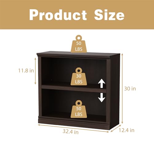 2-Shelf Bookcase Wooden Bookshelves 33in Wide Floor Standing Display Storage Shelves Oak Bookcase for Home Office, Living Room, Bed Room