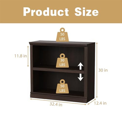 2-Shelf Bookcase Wooden Bookshelves 33in Wide Floor Standing Display Storage Shelves Oak Bookcase for Home Office, Living Room, Bed Room