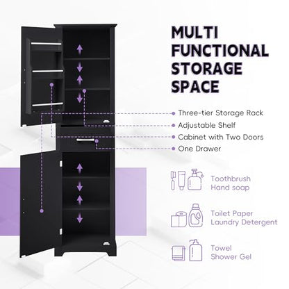 73 Inch Bathroom Storage Cabinet with Adjustable Shelves, Black | Black MDF, bathroom or office, painted finish, door shelves, enclosed cabinets, lower compartment, anti-tip kit, 72.5 in H