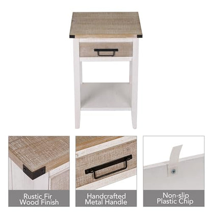 Farmhouse Bedside Table Set of 2, Rustic Nightstand with Drawers and Open Shelf, Side Table End Tables for Bedroom/Living Room/Lounge (Vintage White)