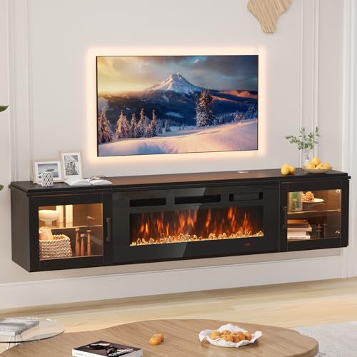 70" Floating Fireplace TV Stand Fits TVs Up to 80", Black&Black, view 2