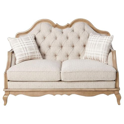 Chelmsford Loveseat with 2 Accent Pillows Beige Fabric Antique Taupe Frame Elegant Upholstered 2 Seater Sofa Classic Living Room Furniture Comfortable Cushions Durable Wooden Construction
