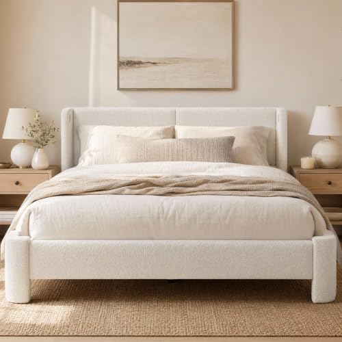 Queen Bed Frame with USB Ports & Wingback Headboard, Cream White, view 2