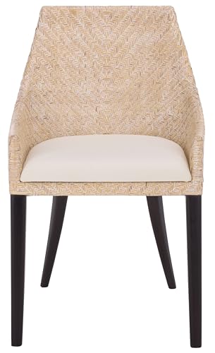 SAFAVIEH Home Collection – Riko White Washed Rattan Arm Chair with Ivory Seat Cushion, Modern Curved Silhouette, Fully Assembled (ACH4906A)