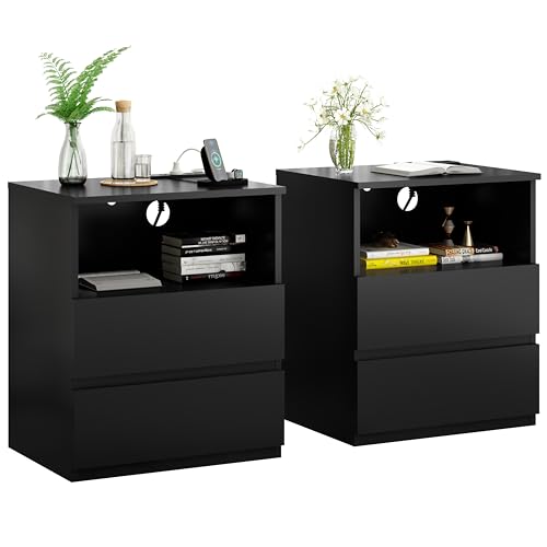 (Set of 2) End Table with Fast USB C Charging Station, Sofa Side Table with 2 Drawers, Large Storage Modern Wood Storage Cabinet for Living Room,Bedroom,Office, Black
