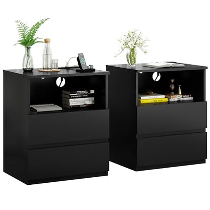 (Set of 2) End Table with Fast USB C Charging Station, Sofa Side Table with 2 Drawers, Large Storage Modern Wood Storage Cabinet for Living Room,Bedroom,Office, Black
