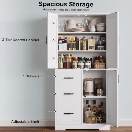 Pantry Cabinet, 67.5 inch Tall Storage Cabinet with 3 Doors & Drawers, Farmhouse Kitchen Cabinet with Adjustable Shelves, 5 Tier Freestanding Cupboard for Kitchen, White