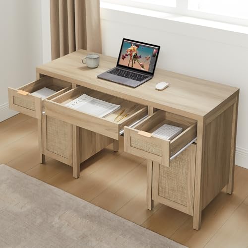Rattan Home Office Desk with Storage, 52" Boho Executive Desk, view 7