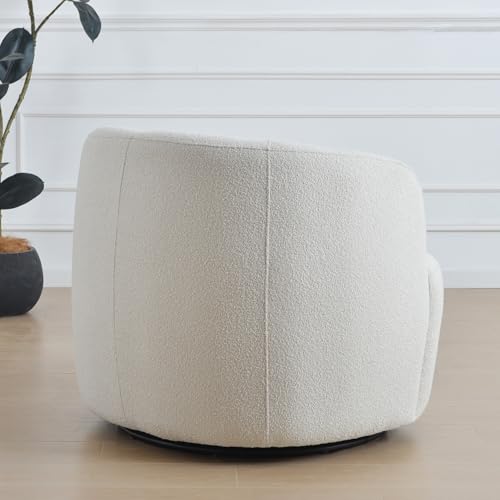 34" Wide Sherpa Swivel Barrel Chair, No Assembly Round Boucle Upholstered Accent Chair Armchair Single Sofa Chair with Toss Pillow for Living Room and Bedroom, Beige
