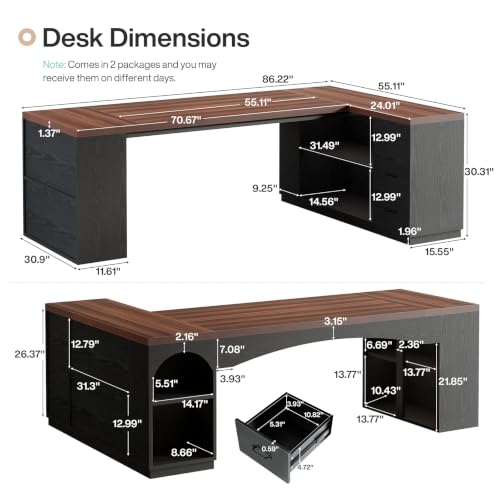 86.6" L-Shaped Executive Desk with 3 Drawers & Storage Shelves, view 3
