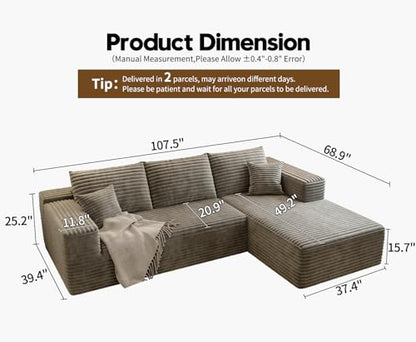 107.5" Cloud Sectional Couch with L-Shape Chaise,Modern Modular Sofa with Deep Seat, Upholstered Couches for Living Room Bedroom Apartments,No Assembly Required, (Camel,Right Facing Chaise)