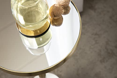 Hescott Modern Mirrored Drink Table; 10 x 10 x 24; White Marble and Gold; Glam Round Accent Table with Premium Marble Base and Mirror Tabletop