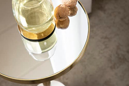 Hescott Modern Mirrored Drink Table; 10 x 10 x 24; White Marble and Gold; Glam Round Accent Table with Premium Marble Base and Mirror Tabletop