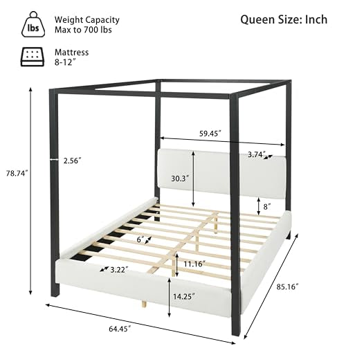 LUMISOL Queen Size Metal Canopy Bed with Upholstered Headboard, view 3