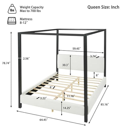 LUMISOL Queen Size Metal Canopy Bed with Upholstered Headboard, view 3