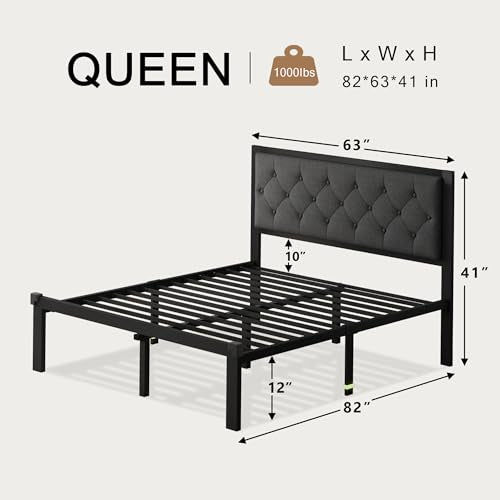 Queen Size Bed Frame with Linen Upholstered Headboard, view 4
