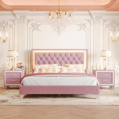 Bedroom Sets, 3-Pieces Bedroom Sets, Queen Size Upholstered Platform Bed with LED Lights and 2 Nightstands, Pink
